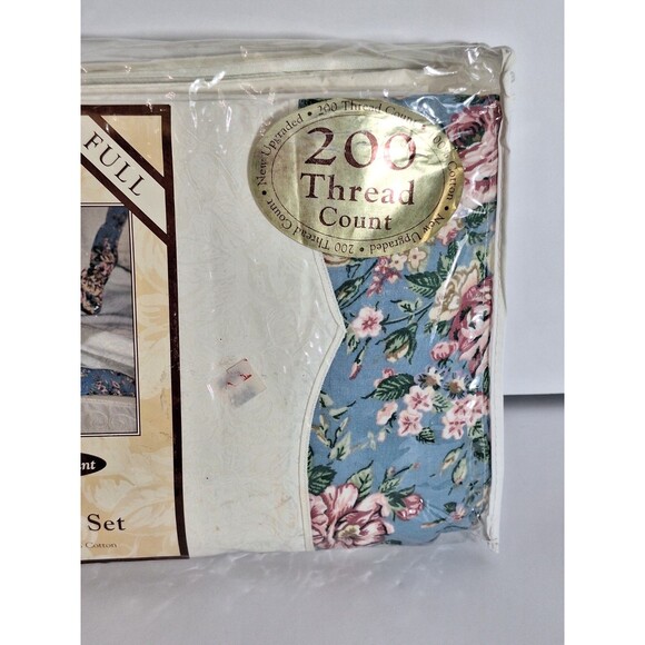 Vintage 1990's Full Size Sheet Set with Pillowcases Tapework Cotton Floral Trim - Picture 2 of 6